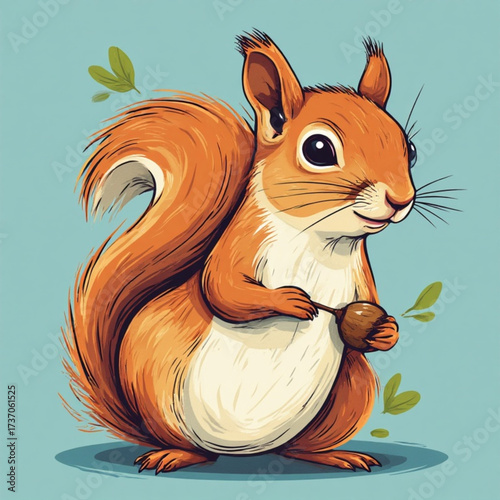A charming cartoon squirrel holding a nut, posed against a simple teal background.