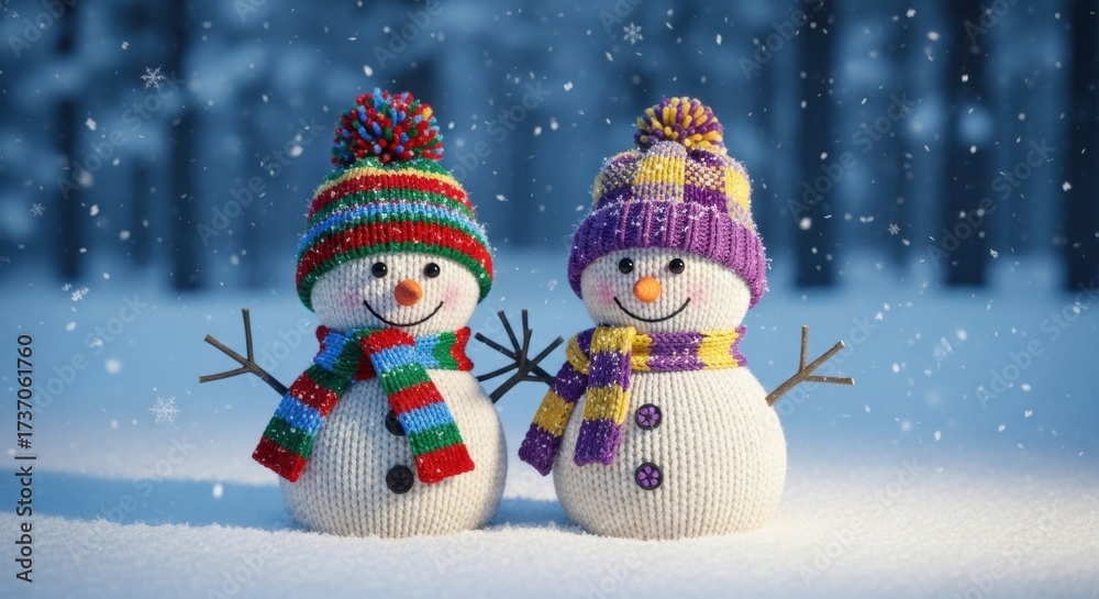 Fototapeta premium Cheerful Knitted Snowmen Duo in Winter Wonderland with Falling Snowflakes