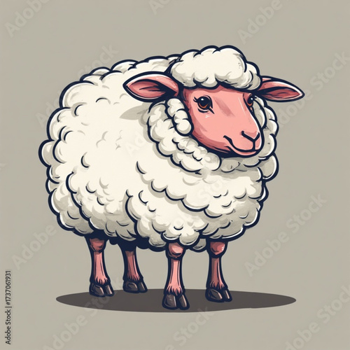Cartoon sheep with fluffy white wool and pink face standing on a neutral background, casting a shadow.