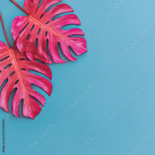 Two vibrant pink Monstera leaves, with split fenestrations, on a bright teal background