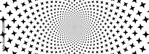 Spinning stars optical illusion background. Black and white hypnotic sparkles surface. Rotating in spiral sparks poster design. Abstract trippy illusion wallpaper for banner, template design. Vector