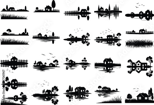 Countryside rural landscape vector illustration set, village house, farm cottage, tree silhouette, lake reflection, field grass, fence, nature scenery clipart collection