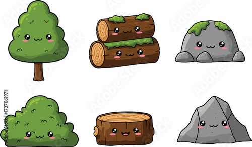Cute cartoon forest elements illustration, kawaii tree, happy bush, smiling log, funny stump, adorable rock character, nature vector design, woodland clipart