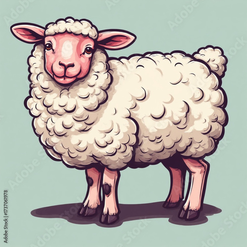 A charming illustration of a fluffy sheep standing on a light green background, looking forward.