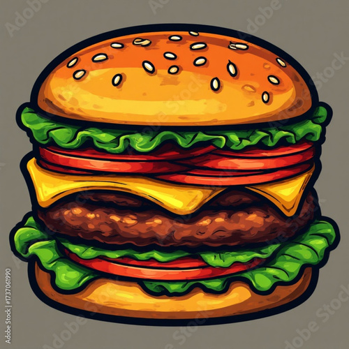 A vibrant illustration of a classic hamburger featuring fresh ingredients, ready to eat.