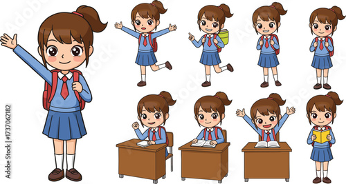 Cartoon schoolgirl character, student in uniform, ponytail hairstyle, red backpack, classroom desk, waving, reading book, writing notebook, jumping joy, walking, studying, learning,