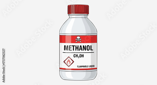 A Clear Glass Bottle Labeled Methanol With Its Chemical Formula CH3OH Displayed Prominently and Flammability Hazard Symbols Indicating Danger When Exposed to Open Flames