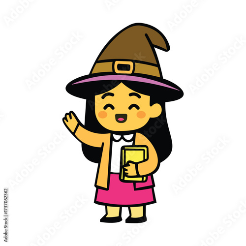 Cartoon Witch Girl with Spell Book. Halloween Character Illustration in Brown Hat and Pink Skirt