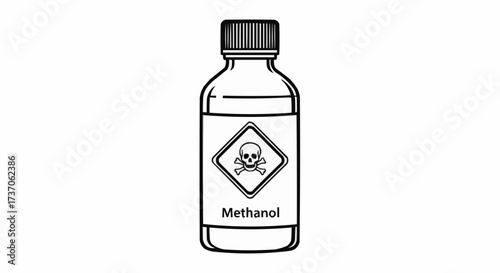 A Clear Liquid in a Glass Bottle Labeled Methanol with a Skull and Crossbones Hazard Symbol Indicating Toxicity and Danger for Health and Environmental Safety