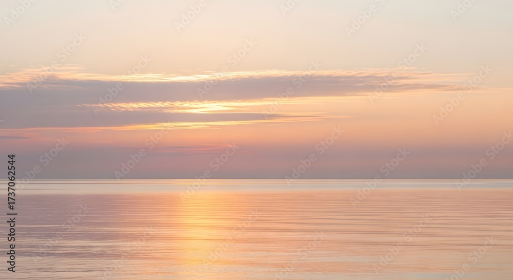 Fototapeta premium Serene coastal sunrise over calm ocean waters with soft pastel sky reflections