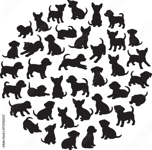Puppies Circle Silhouette: An adorable arrangement of playful puppy silhouettes forms a charming circle, showcasing the endless charm of our canine friends. A joyful display for pet lovers.