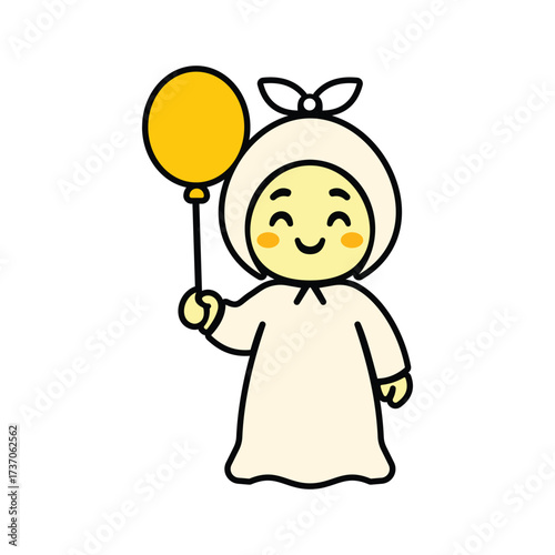 Cute Cartoon Character with Hood and Yellow Balloon – Smiling Child Illustration on White Background