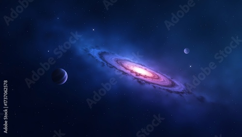 Spiral galaxy with planets in deep space
