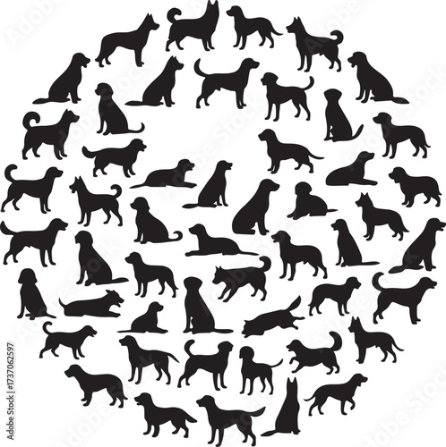 Dogs' Silhouette Circle: A unique and captivating collection of dog silhouettes, arranged in a circular pattern, showcasing a wide variety of breeds and poses, perfect for any canine-related project.