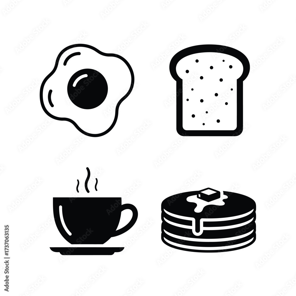Fototapeta premium A collection of four black and white breakfast food icons: a fried egg, a slice of toast, a steaming coffee cup, and a stack of pancakes.