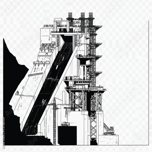 Architectural Drawing of a Modern Industrial Structure with Ramp.