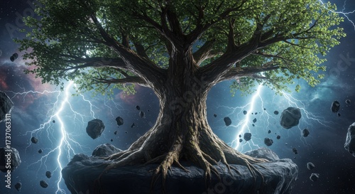 Surreal Tree of Life with Lightning and Storm on Alien Planet, Cosmic Landscapes, Surreal Interstellar Visual