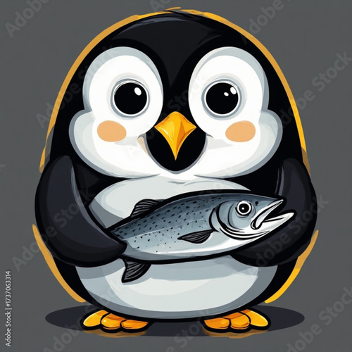 Cartoon penguin holding a fish with big eyes, on a gray background.