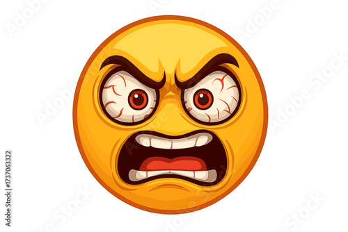 Angry crazy emoticon with furious expression. Vector emoji with bloodshot eyes. Concept of rage, stress, frustration, and madness. Shouting smiley face icon illustration.