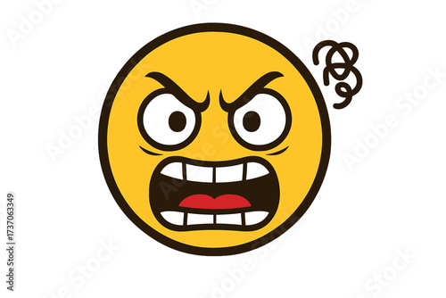 Angry crazy emoticon shouting in rage. Vector emoji with furious expression. Mad smiley face icon for stress, frustration and negative emotion. Annoyed cartoon character symbol.