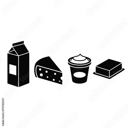 A set of four black silhouette icons representing common dairy products: milk, cheese, yogurt, and butter.