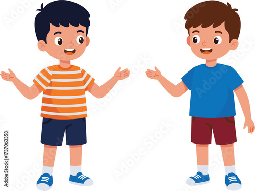 Cartoon boys talking, friendly children conversation, happy kids illustration, communication concept, friendship drawing, playful characters, childhood interaction, educational design,