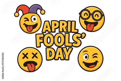 April Fools Day greeting. Funny emoticon set for joke celebration. Jester smiley, silly emoji with glasses, winking face and dead character. Prank day vector illustration.