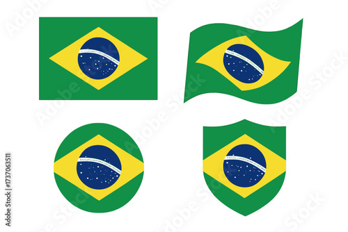 Brazil flag vector set. Brazilian national symbol collection. Waving flag, circle button, and shield icon. South American country emblem. Patriotism and national pride design element.