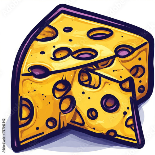 Two cartoon wedges of Swiss cheese, overlapping with holes and a purple outline.