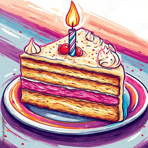 A slice of layered cake with pink filling, frosting, cherries, and a lit candle, presented on a plate.