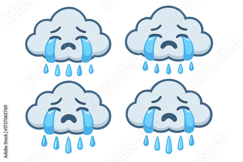 Set of crying cloud cartoon characters. Sad emoji face with tears. Metaphor for depression, sadness, sorrow, grief, bad mood. Unhappy weather mascot for rainy day forecast.