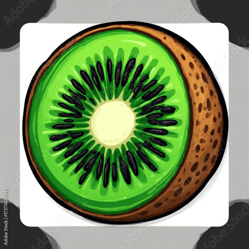 A vibrant, stylized illustration of a kiwi fruit cut in half, showcasing its green flesh and black seeds.
