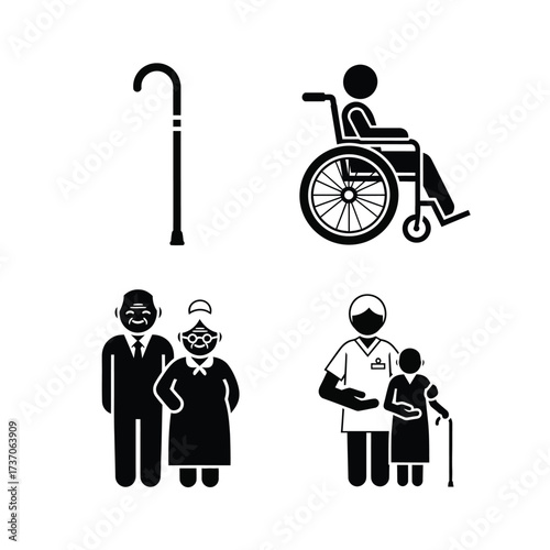 Illustrative depiction of mobility aids, elderly individuals, and caregiver assistance in a caregiving context.