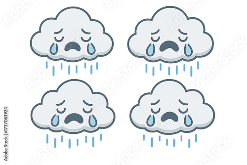 Set of sad crying cloud characters. Cute cartoon vector mascot with tears and rain. Weather icon for grief, depression, and bad mood. Unhappy emoticon sticker pack. Sorrowful design.