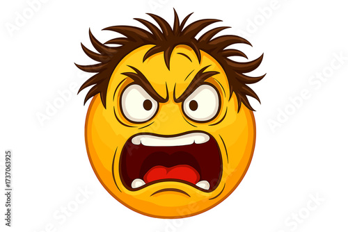 Angry furious screaming face vector emoji. Mad crazy emoticon character shouting. Annoyed, frustrated, rage expression. Stress, fury, outrage, irritation smiley icon illustration.