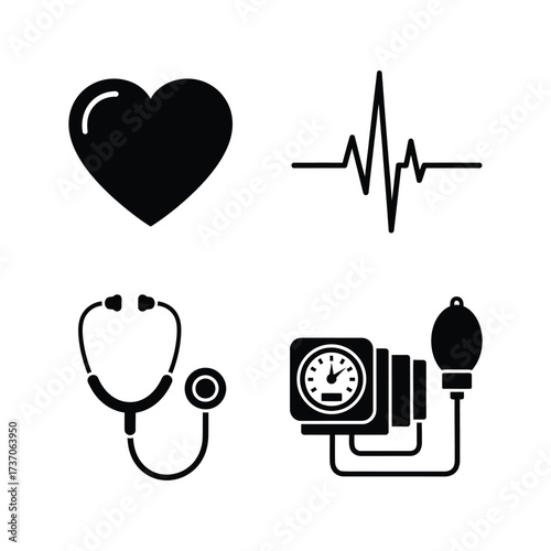 A set of four black medical icons for cardiology: a heart, an EKG waveform, a stethoscope, and a blood pressure monitor.