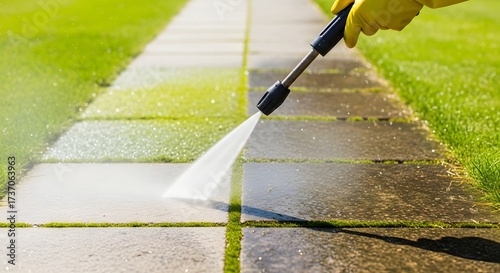 Fototapeta Naklejka Na Ścianę i Meble -  High-pressure cleaning of garden path for a pristine outdoor space