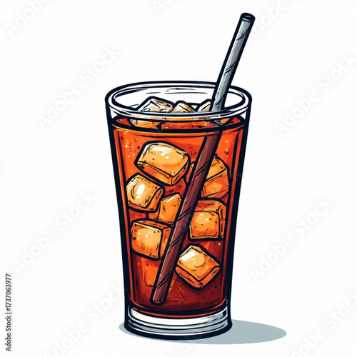 Illustration of a refreshing iced tea beverage in a glass with ice cubes and a straw, isolated on a white background.