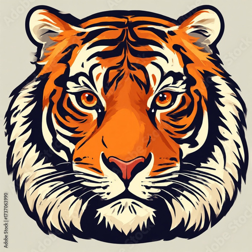 A close-up, stylized portrait of a tiger's face, focused and intense.