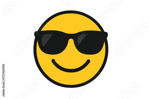 Cool emoticon in sunglasses. Vector smiley for summer. Happy yellow emoji character. Positive emotion concept. Sunglasses face icon. Cartoon mascot design illustration.