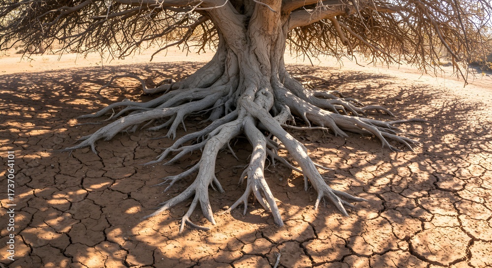 Fototapeta premium Exposed tree roots on cracked earth under sunlight showing texture and pattern