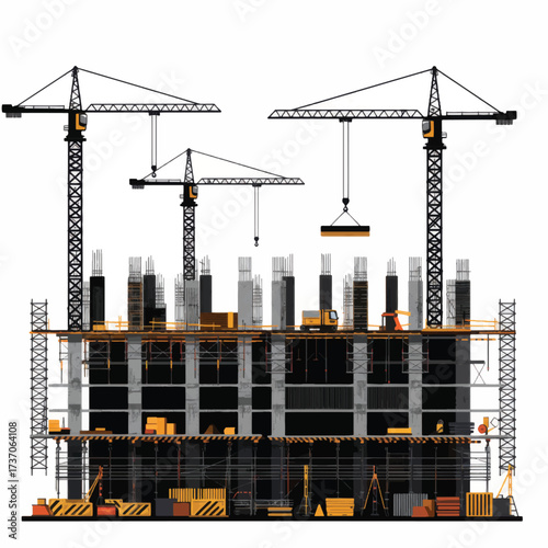 Building construction site with multiple tower cranes illustration.