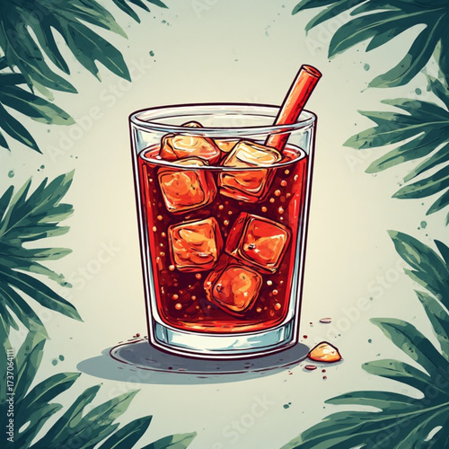 A refreshing glass of cold beverage with ice cubes and a vibrant red straw.