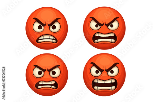 Crazy angry emoticon vector set. Mad red emoji collection with furious expressions. Cartoon smiley face character showing rage and frustration. Isolated 3d design element.
