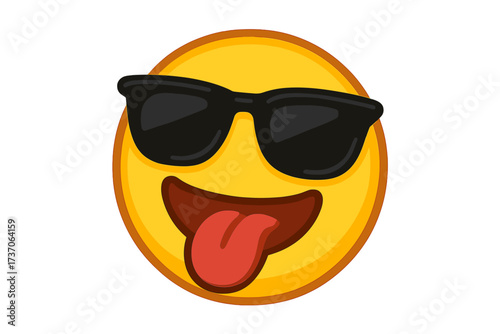 Crazy emoticon in sunglasses sticking tongue out. Cool yellow smiley face vector icon. Summer fun concept. Silly, happy, playful, zany, comic, fun cartoon character design.