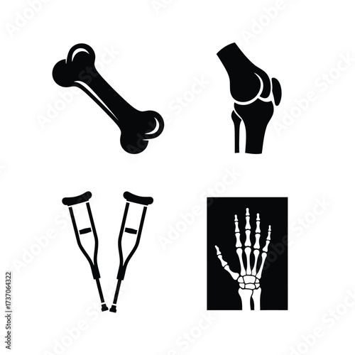 Set of four black medical icons representing orthopedics, including a bone, knee joint, crutches, and a hand x-ray.