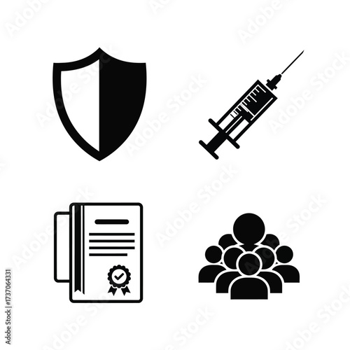 Four icons representing security, vaccination, certification, and community or teamwork.