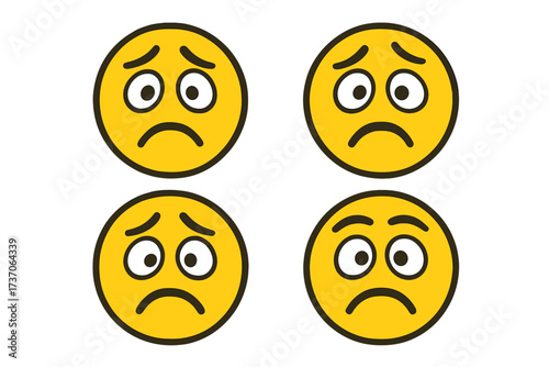 Set of sad and worried emoticons. Anxious, confused and unhappy smiley face icons. Vector illustration for concepts of mental health, stress, depression and negative emotions.