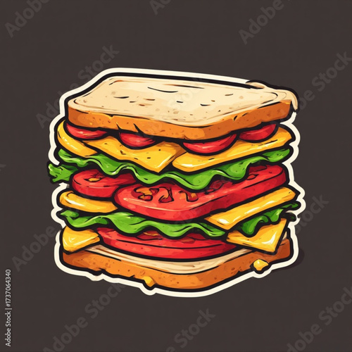 Cartoon illustration of a tall sandwich with bread, cheese, tomatoes, and lettuce, on a dark background.