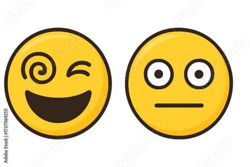Vector emoticon set with crazy, dizzy, winking smiley and neutral poker face. Expression of opposite emotions. Concept for mood swing, reaction, bipolar disorder. Funny cartoon icon.